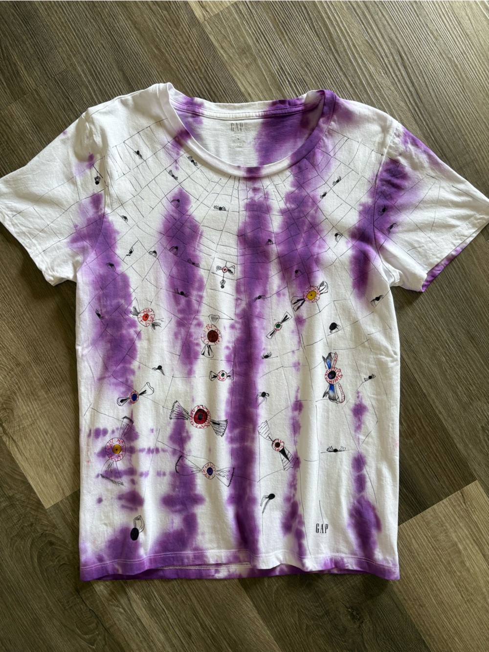 Custom Hand Painted Halloween Tie Dye T-Shirt Size S Purple Spooky Spiderweb GAP